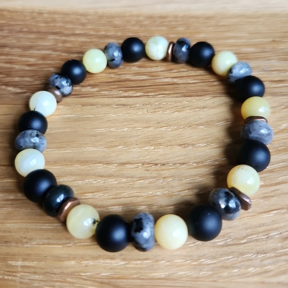 Yellow Opal, Black Onyx & Gray Larvikite Beads Stretch Bracelet, Hand Crafted - Picture 5 of 11